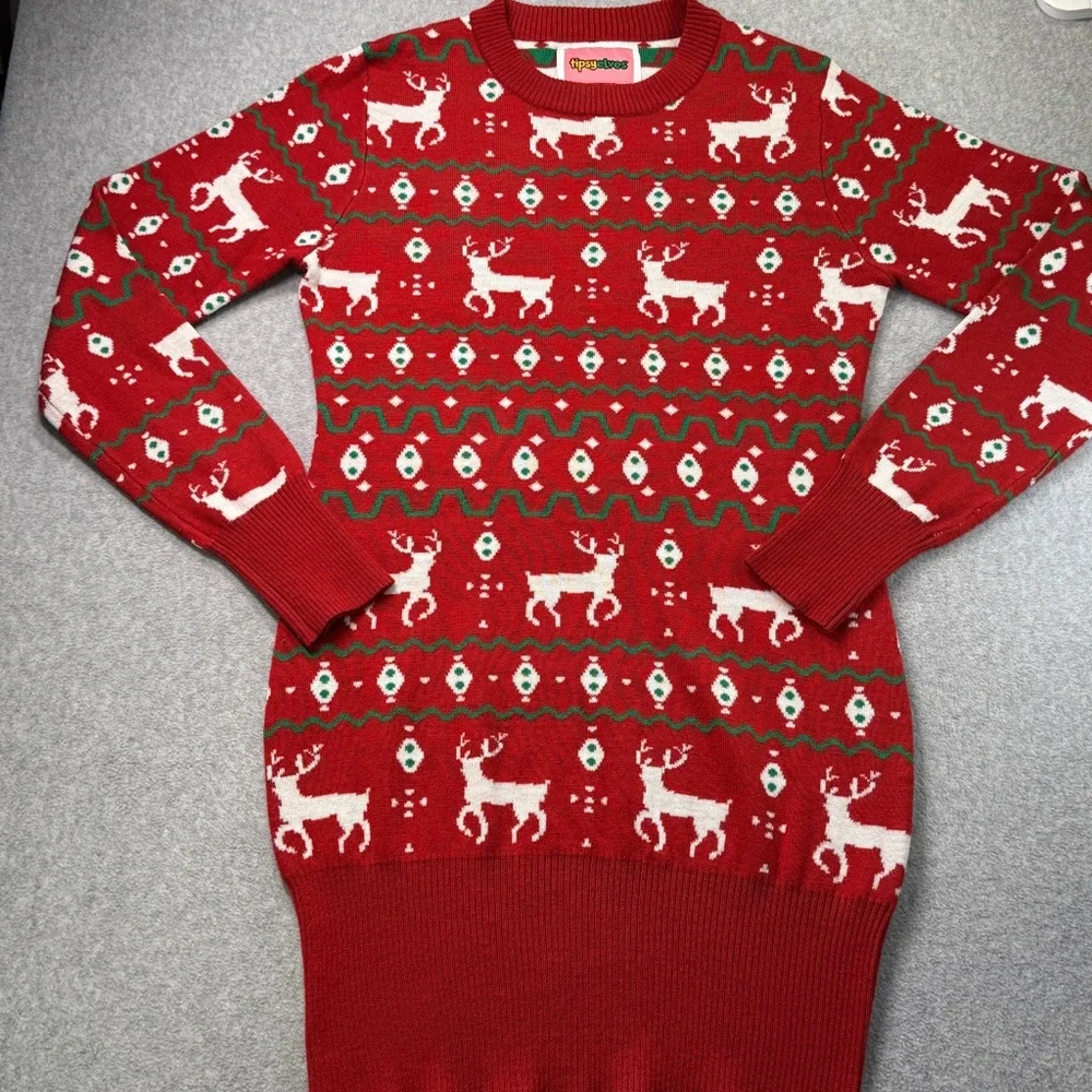 Tipsy Elves Women’s Christmas Sweater Dress Red Reindeer Ugly Holiday Party‎ M